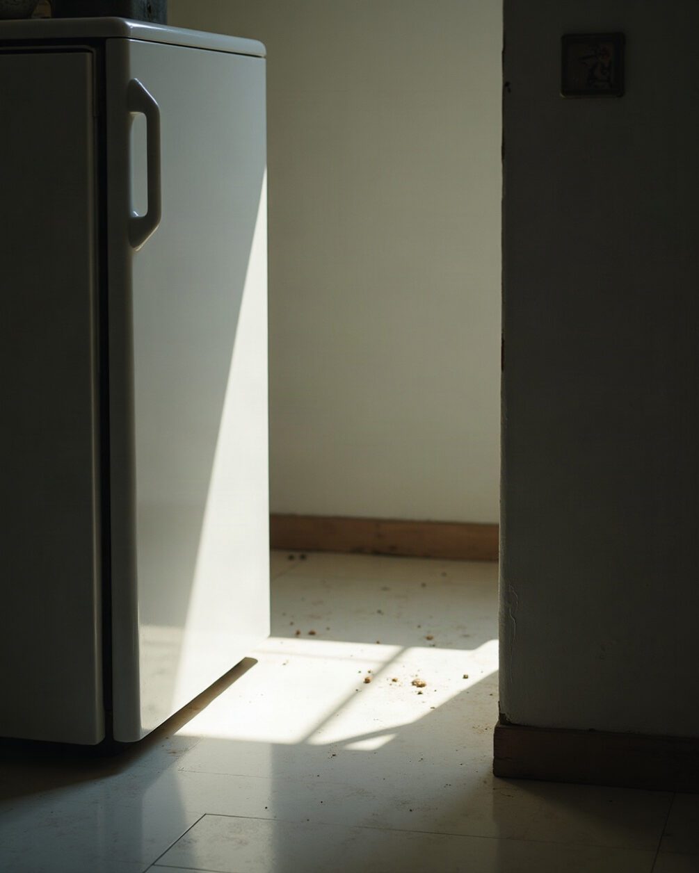 Narrow gap between a white kitchen appliance and a wall seen from floor level