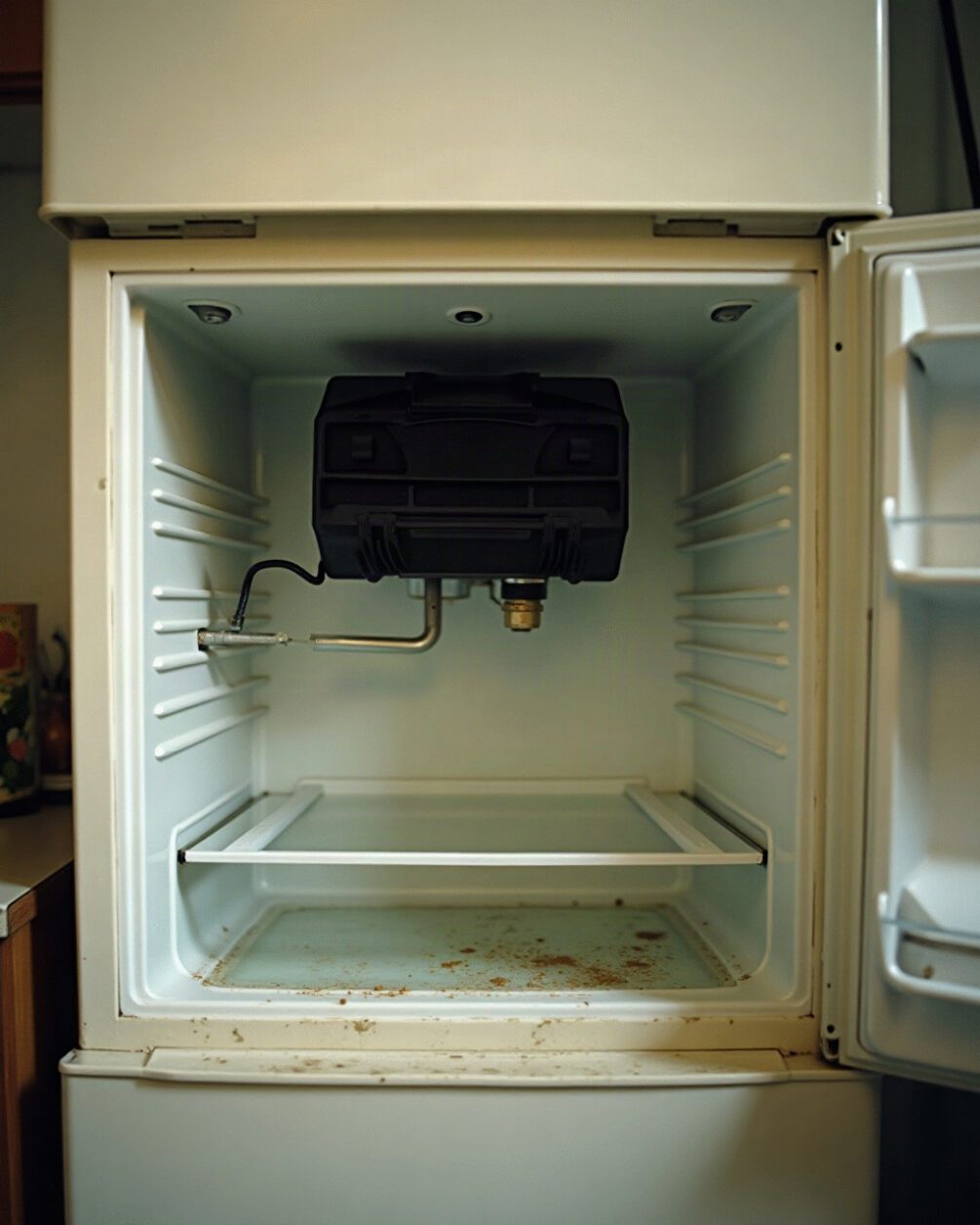 Back of a pulled-out refrigerator showing the black condenser coils and a shallow drip tray beneath