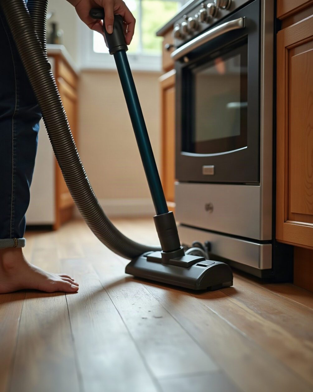 Hands running a vacuum crevice nozzle along the floor and skirting where an appliance was standing