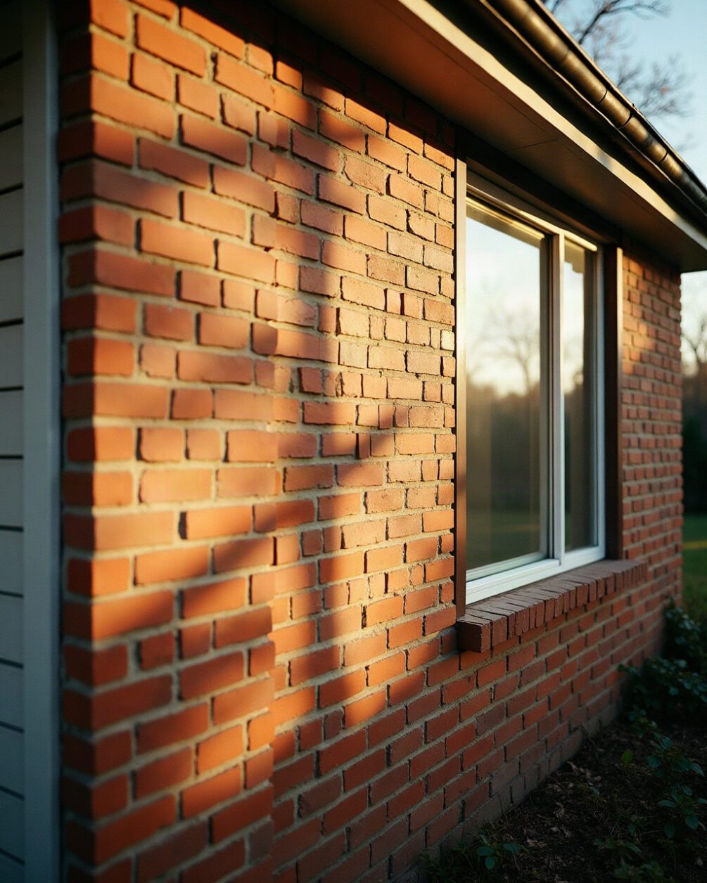 Sunlit brick house wall in late afternoon autumn light, weatherboard and a window frame visible