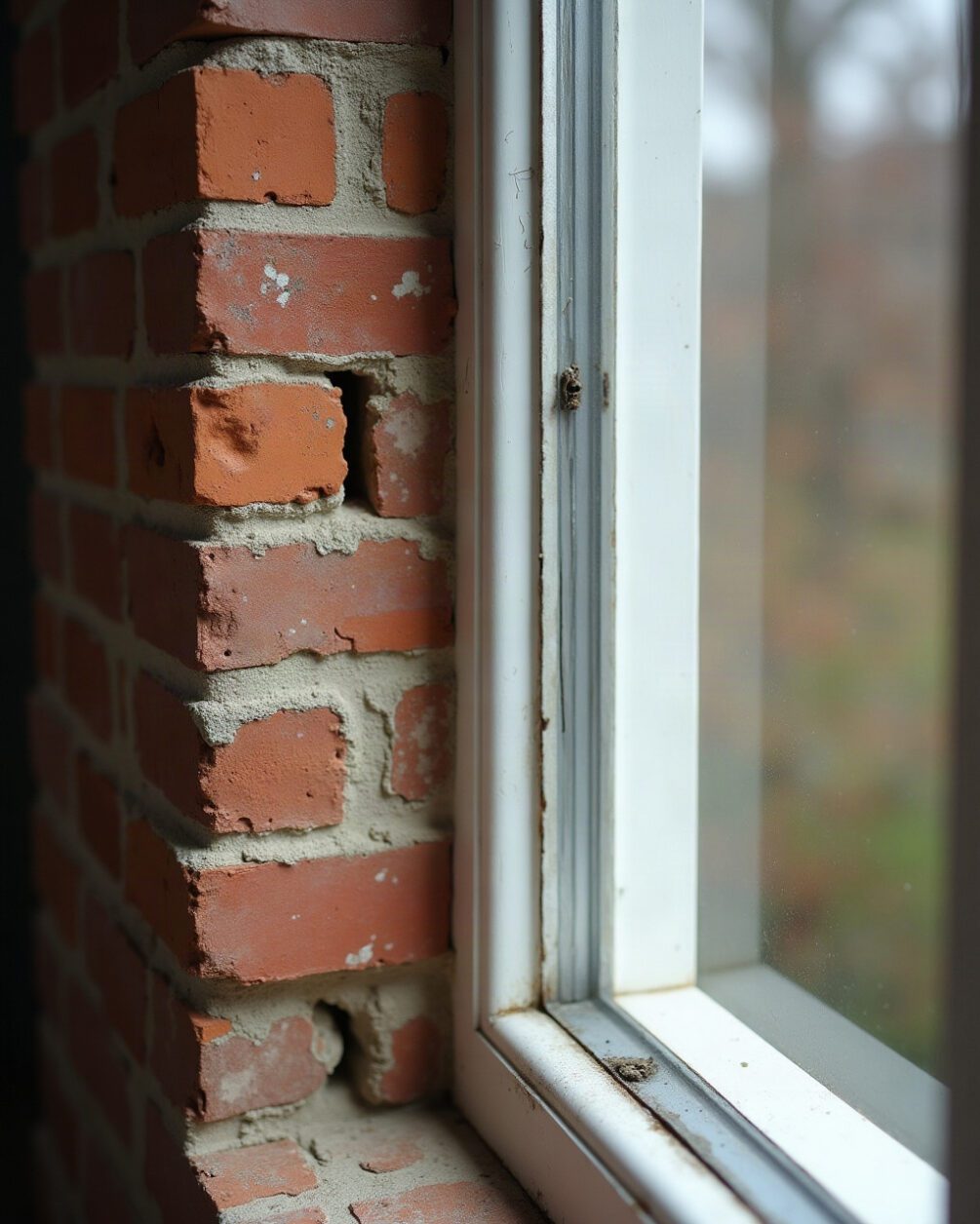 Close view of a window frame meeting brickwork with a visible gap in the perished sealant