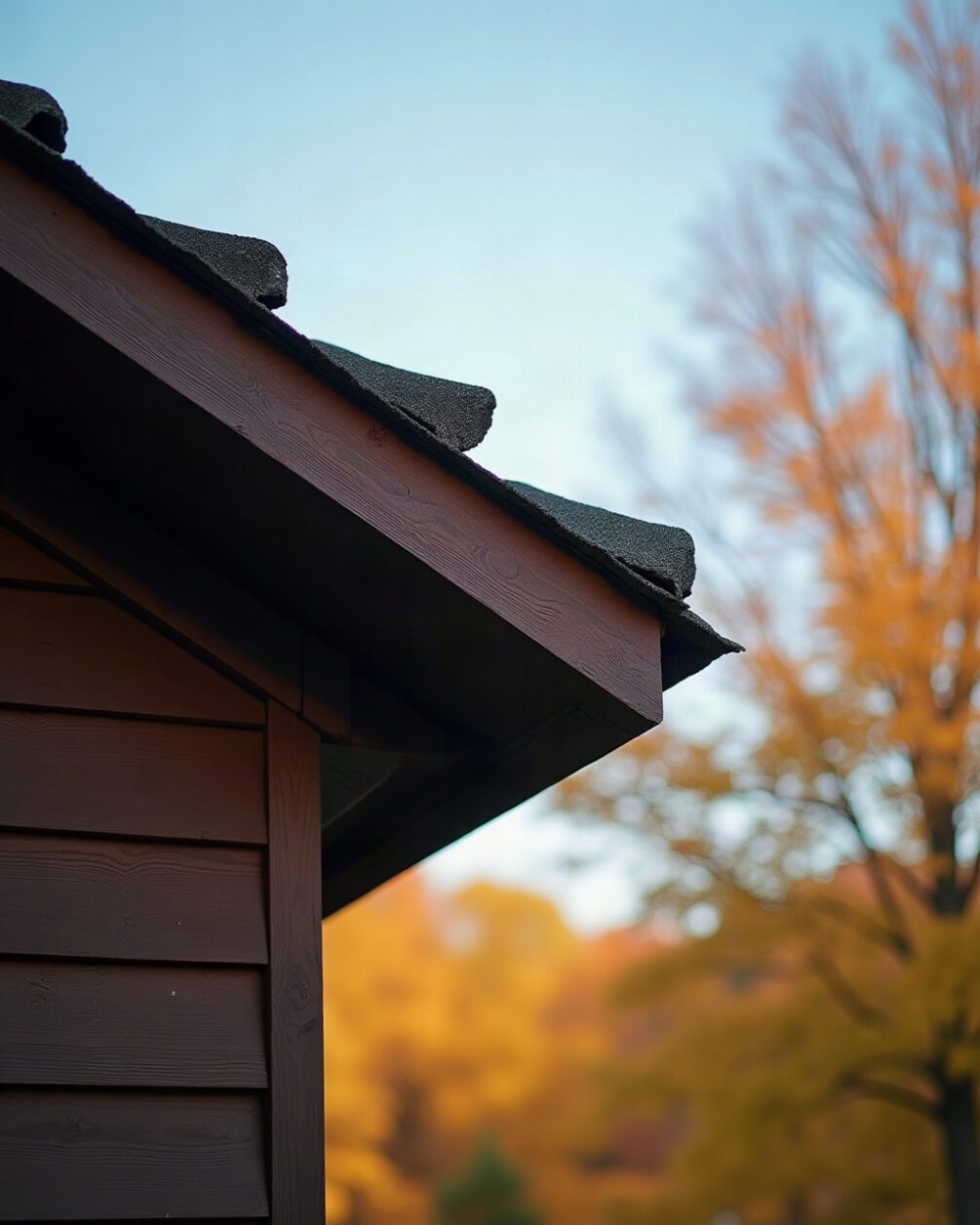 Roof soffit and fascia seen from below with a small gap where the boards meet, autumn sky behind