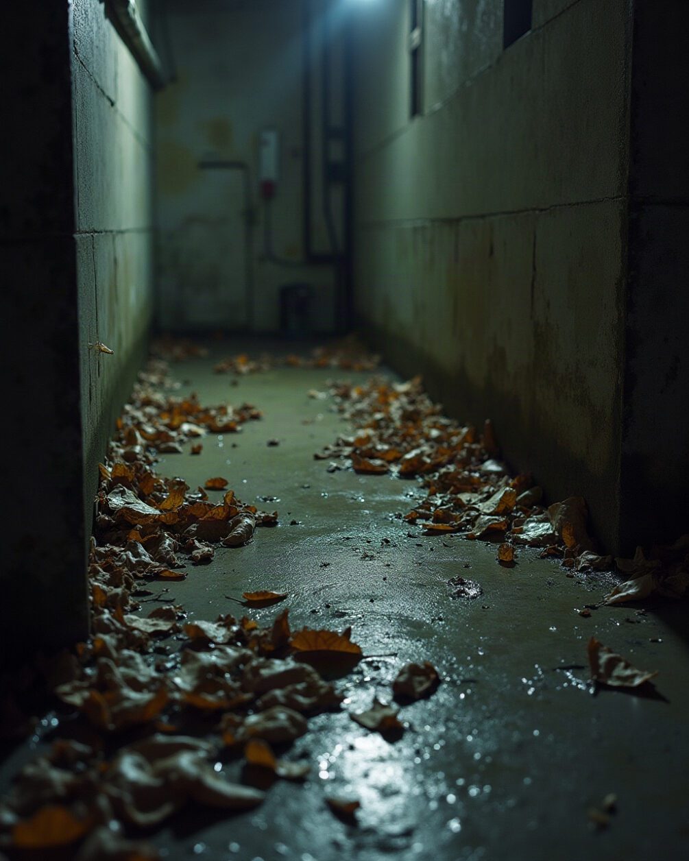 Damp garage floor at the junction with a concrete step, dead leaves and a little standing damp in the corner