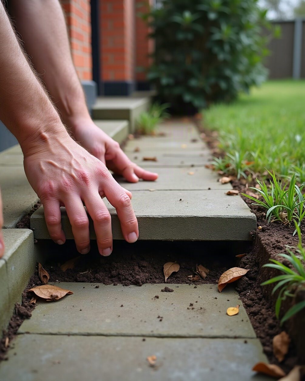Hands lifting the edge of a paving slab beside a house wall to reveal dark damp soil and leaf litter underneath