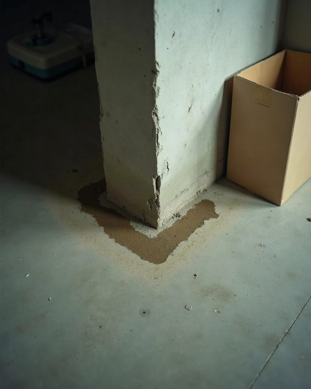 Basement wall and floor junction with a visible damp line on the concrete, cardboard box corner resting nearby