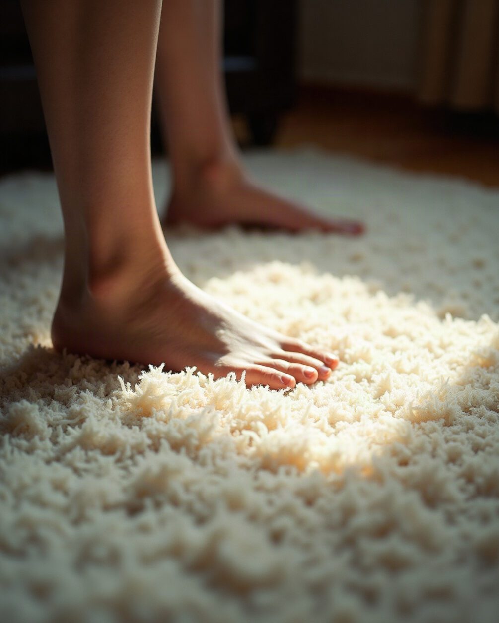 Close view of a pale carpet in raking window light with a person's bare ankle at the edge of frame