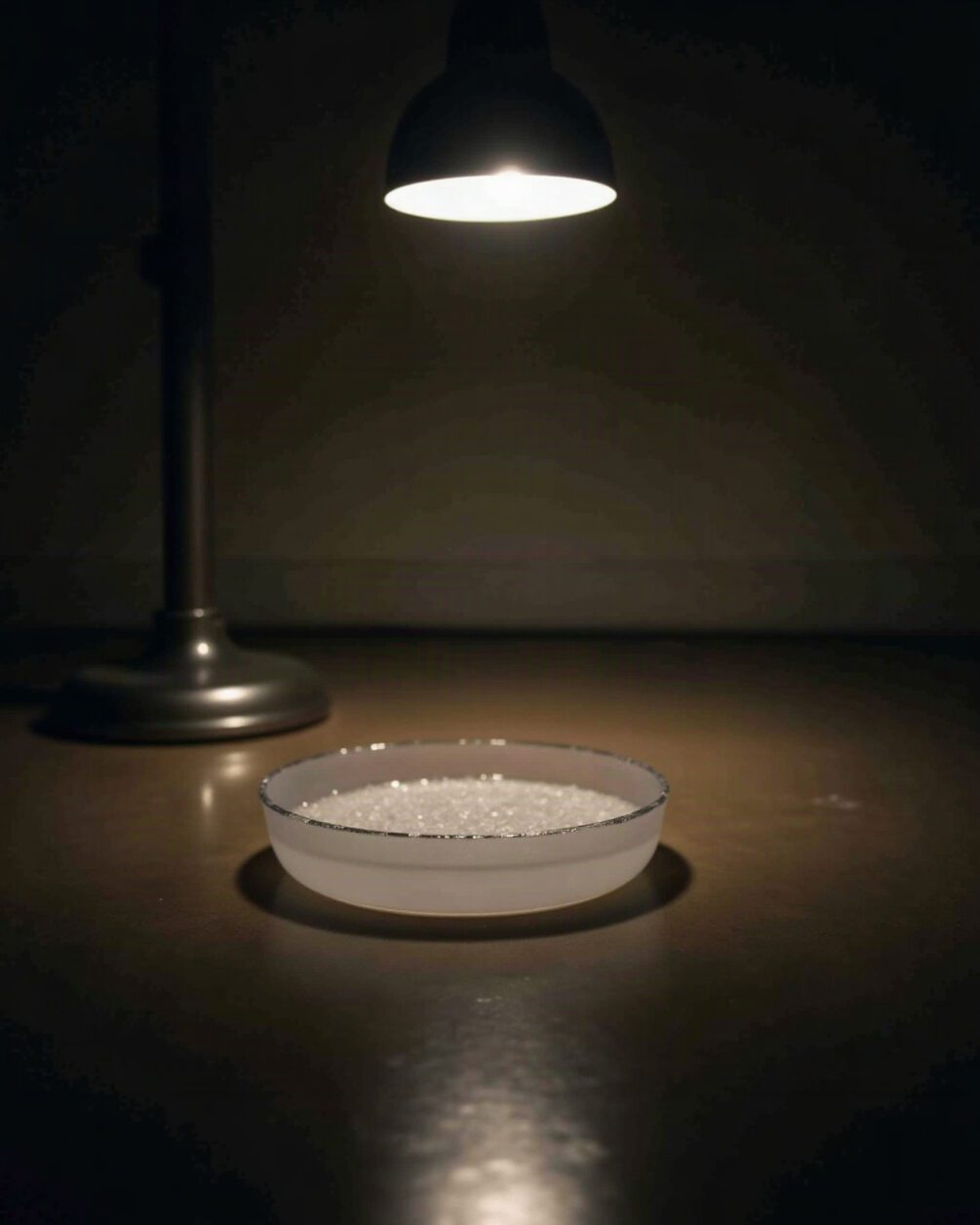 A shallow white dish of soapy water placed on a floor beneath a desk lamp at night, reflected light on the surface