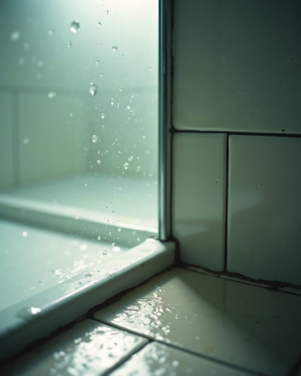 Damp bathroom tile corner beside a shower tray with a thin film of water