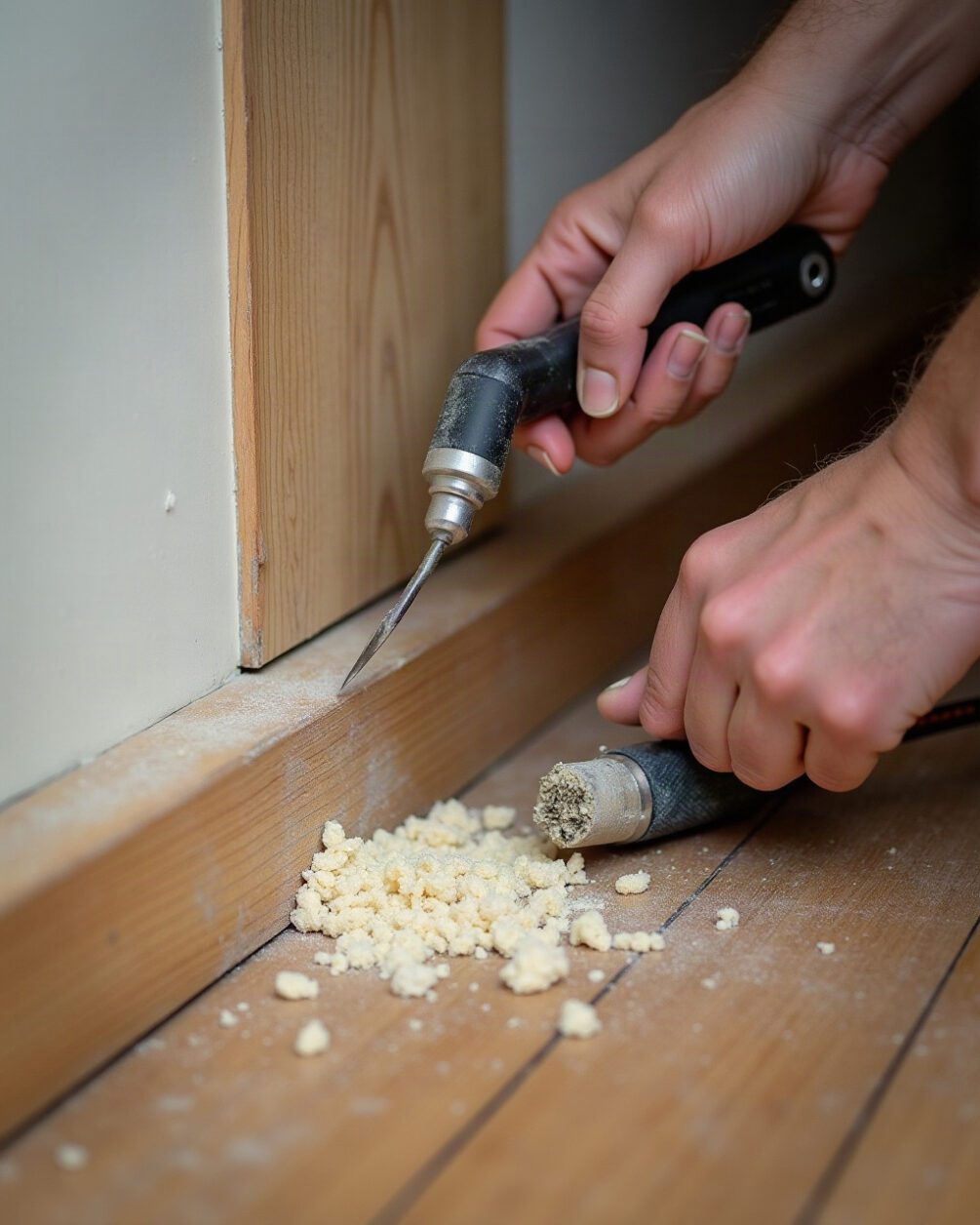 Hands tapping a skirting board with a screwdriver handle beside a small pile of fine wood dust on the floor