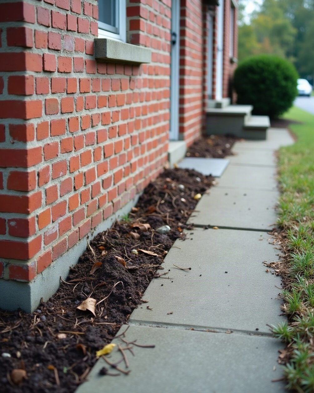 Exterior house wall meeting a concrete path, damp soil and mulch piled against the brickwork