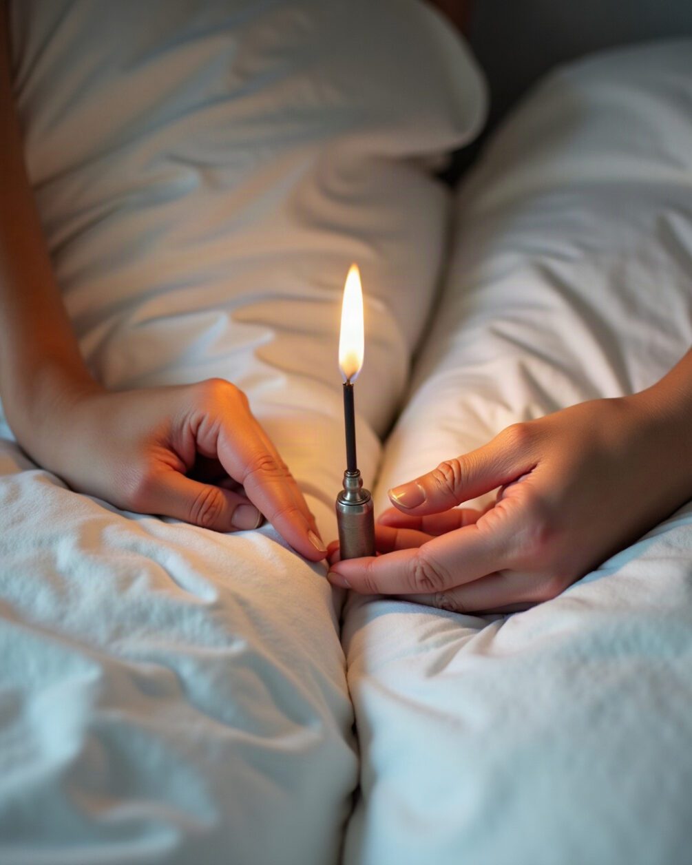 Hands holding a small torch along the piped seam of a bare mattress, white bedding pulled back