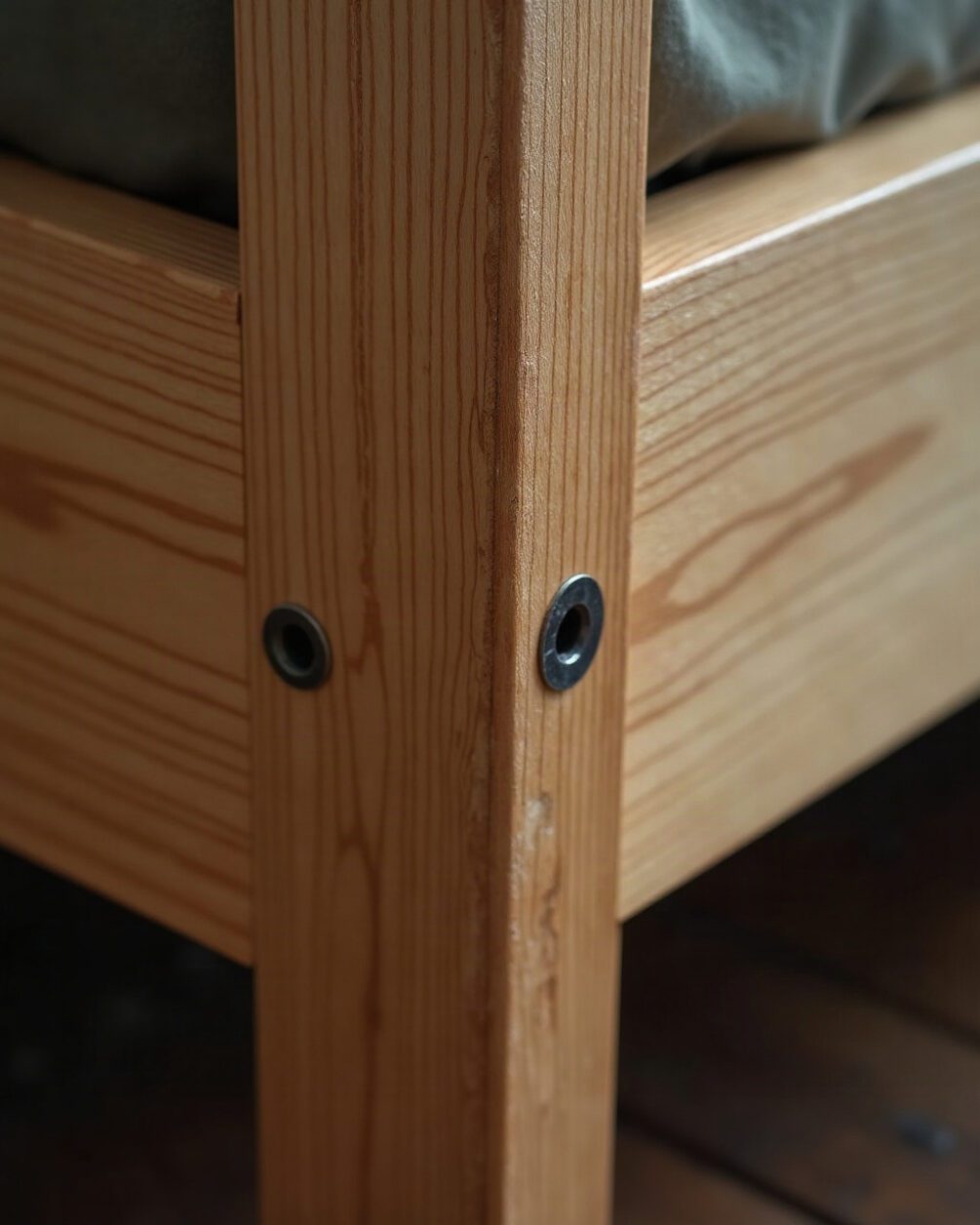Close macro of a wooden bed frame joint and screw hole in raking torch light, grain and dust visible, neutral tones