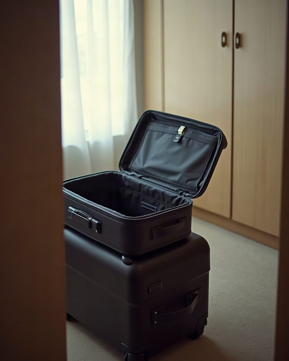 A suitcase open on a luggage rack in a hotel room, zip lining pulled back