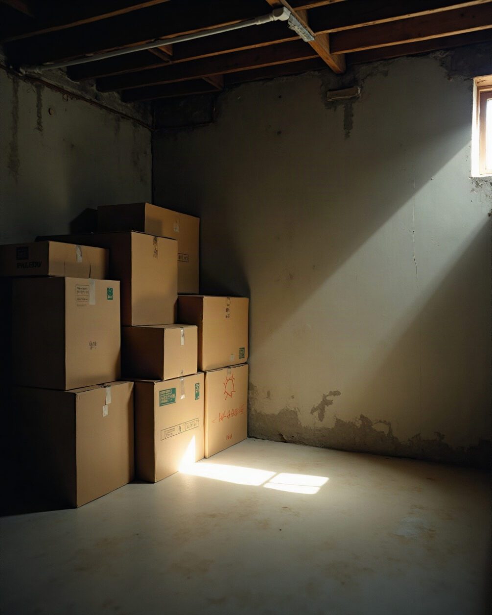 Basement corner with a concrete floor, cardboard boxes stacked against a damp wall