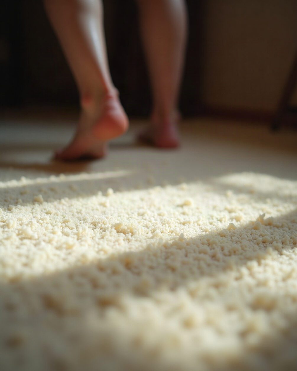 Close view of a pale carpet in raking window light with a person's bare ankle at the edge of frame