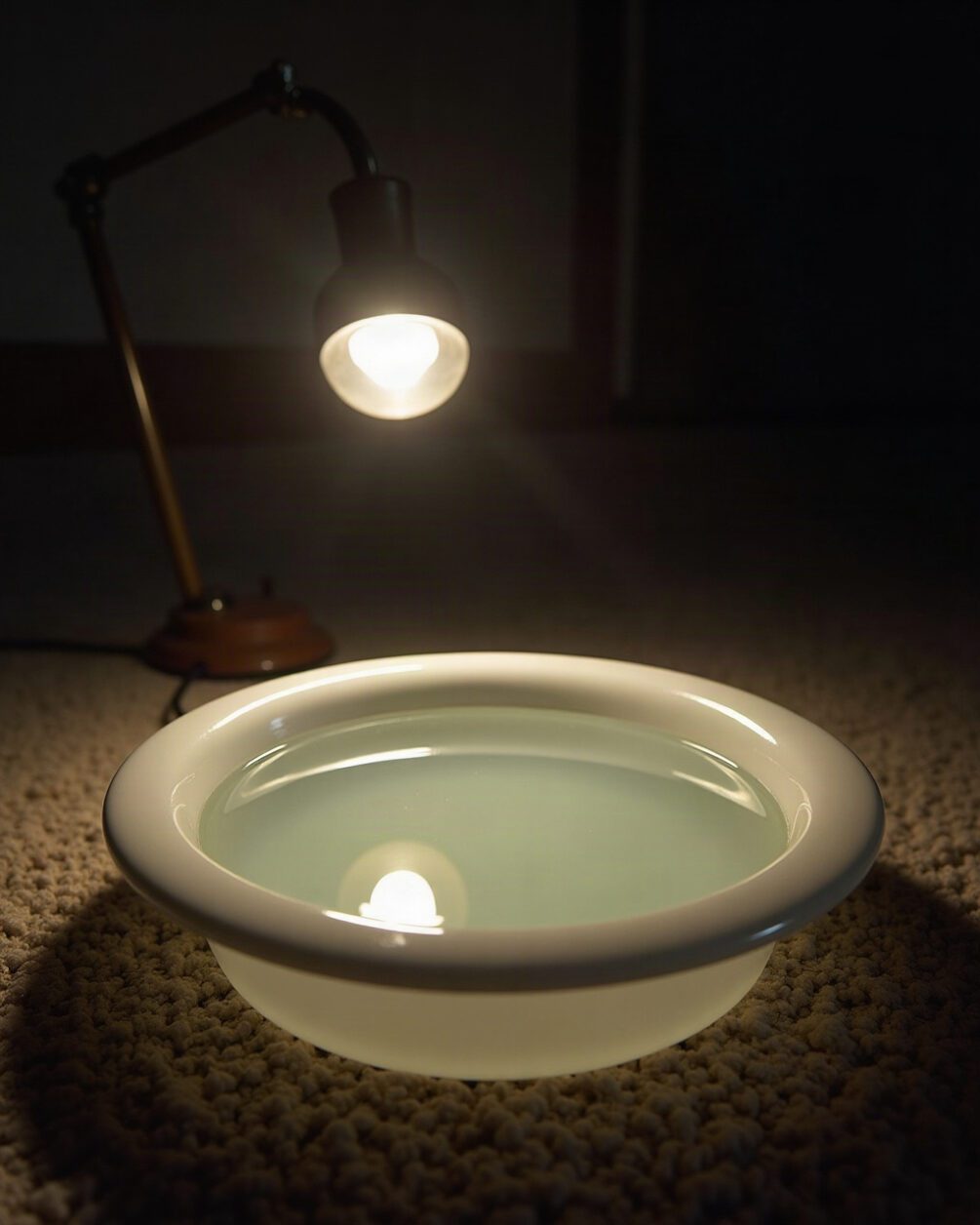 A shallow white dish of soapy water placed on a carpet beneath a desk lamp at night, reflected light on the surface