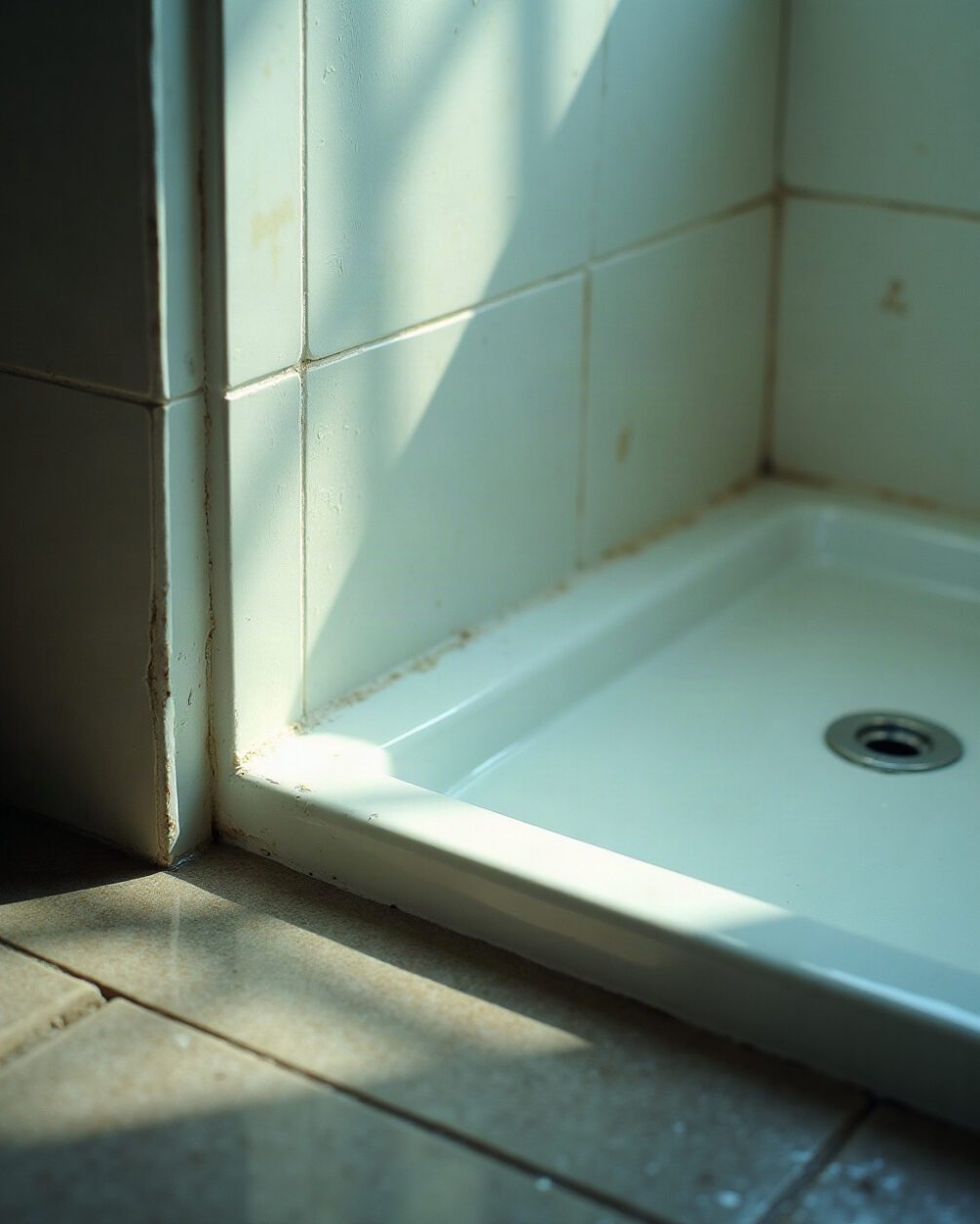 Damp bathroom tile corner beside a shower tray with a thin film of water