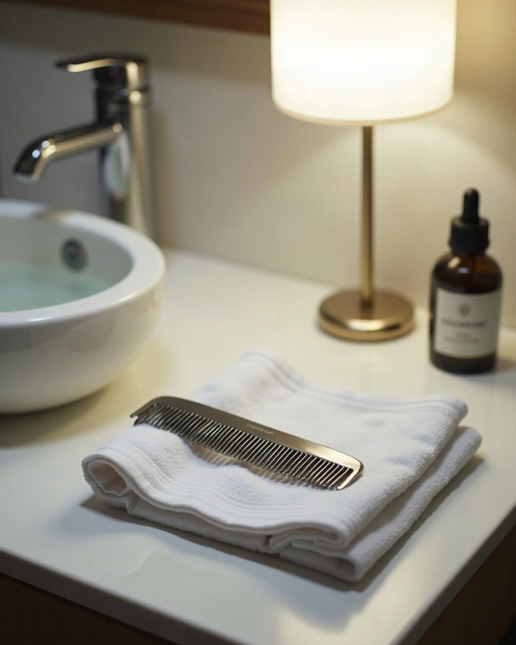A fine-toothed metal nit comb and a folded white towel laid on a bathroom counter beside a bowl of water and a