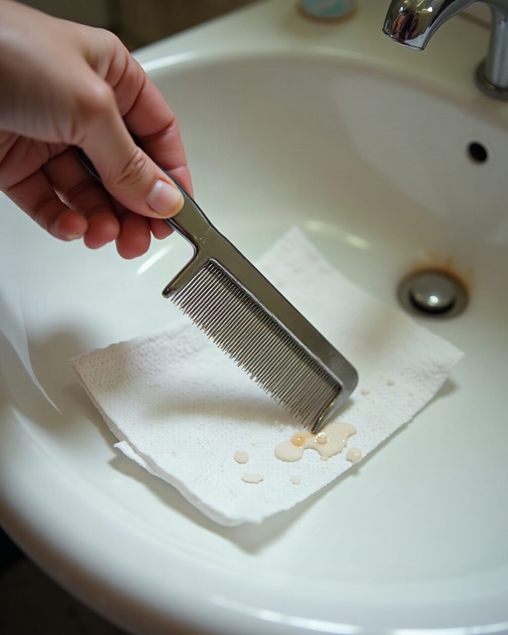 A fine-toothed metal comb being wiped onto a white paper towel over a basin