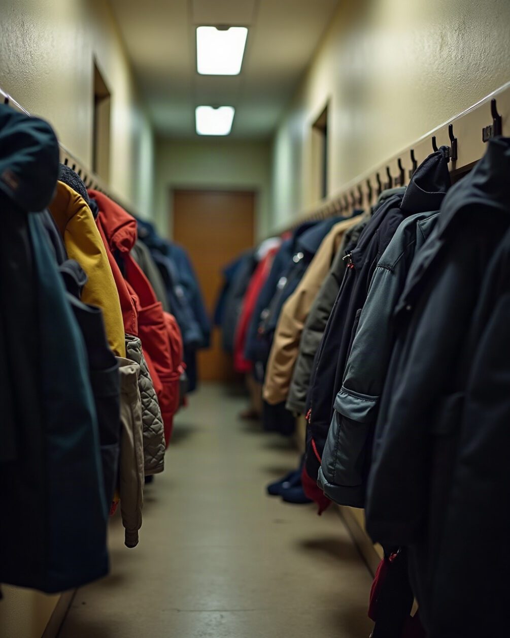 School bags and coats on a row of hooks in a hallway, everyday domestic detail