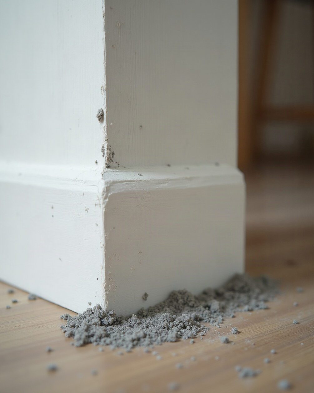 Close macro of a pale skirting board corner with a small accumulation of grey lint and dust in raking torch light