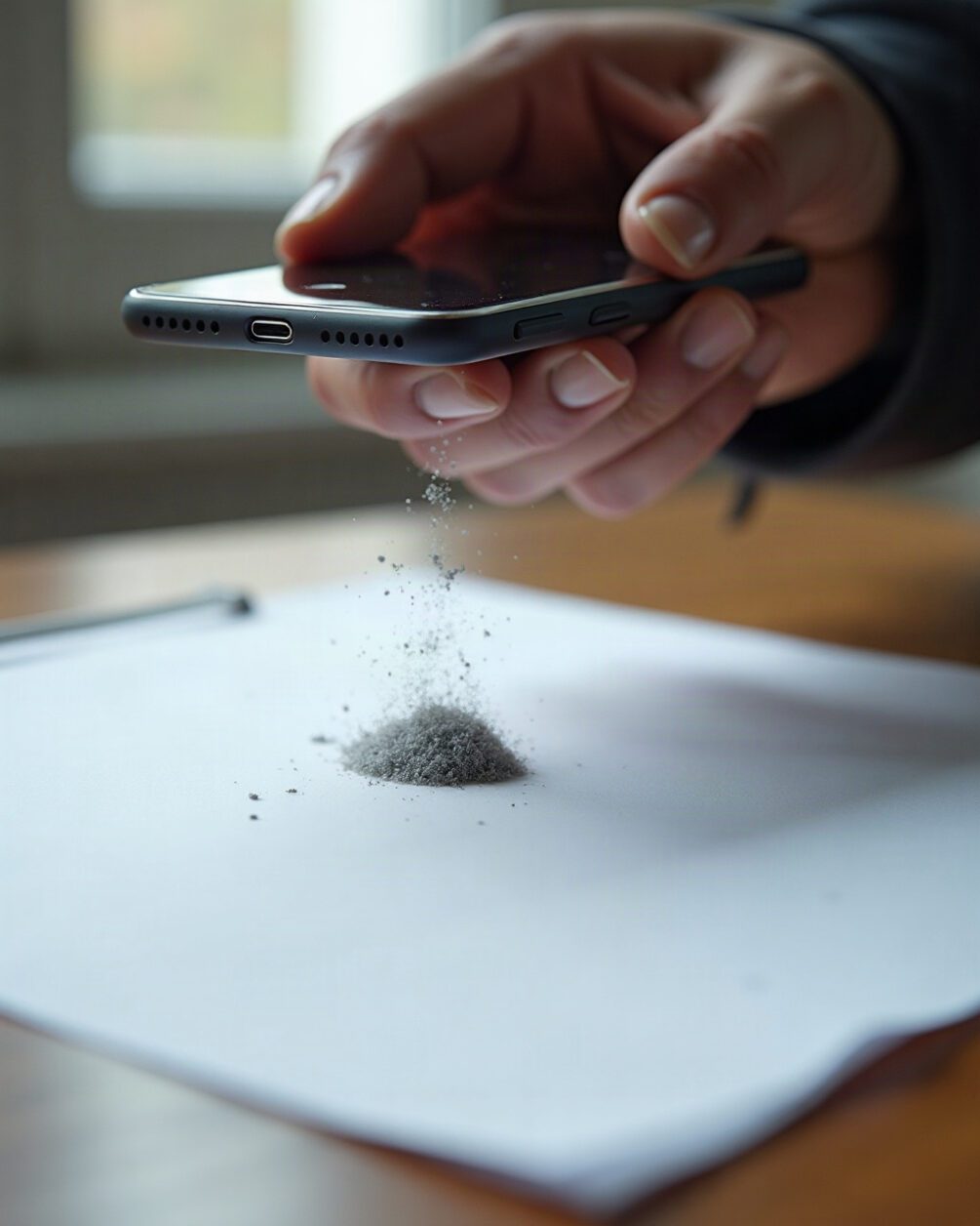 A sheet of white paper on a table with a small pinch of grey fluff tipped onto it