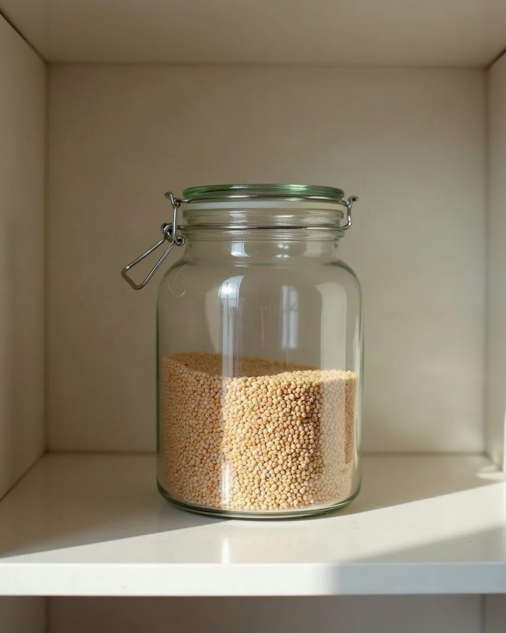 Kitchen cupboard shelf with an open glass jar of dry grains and a faint pale film on the shelf liner beneath