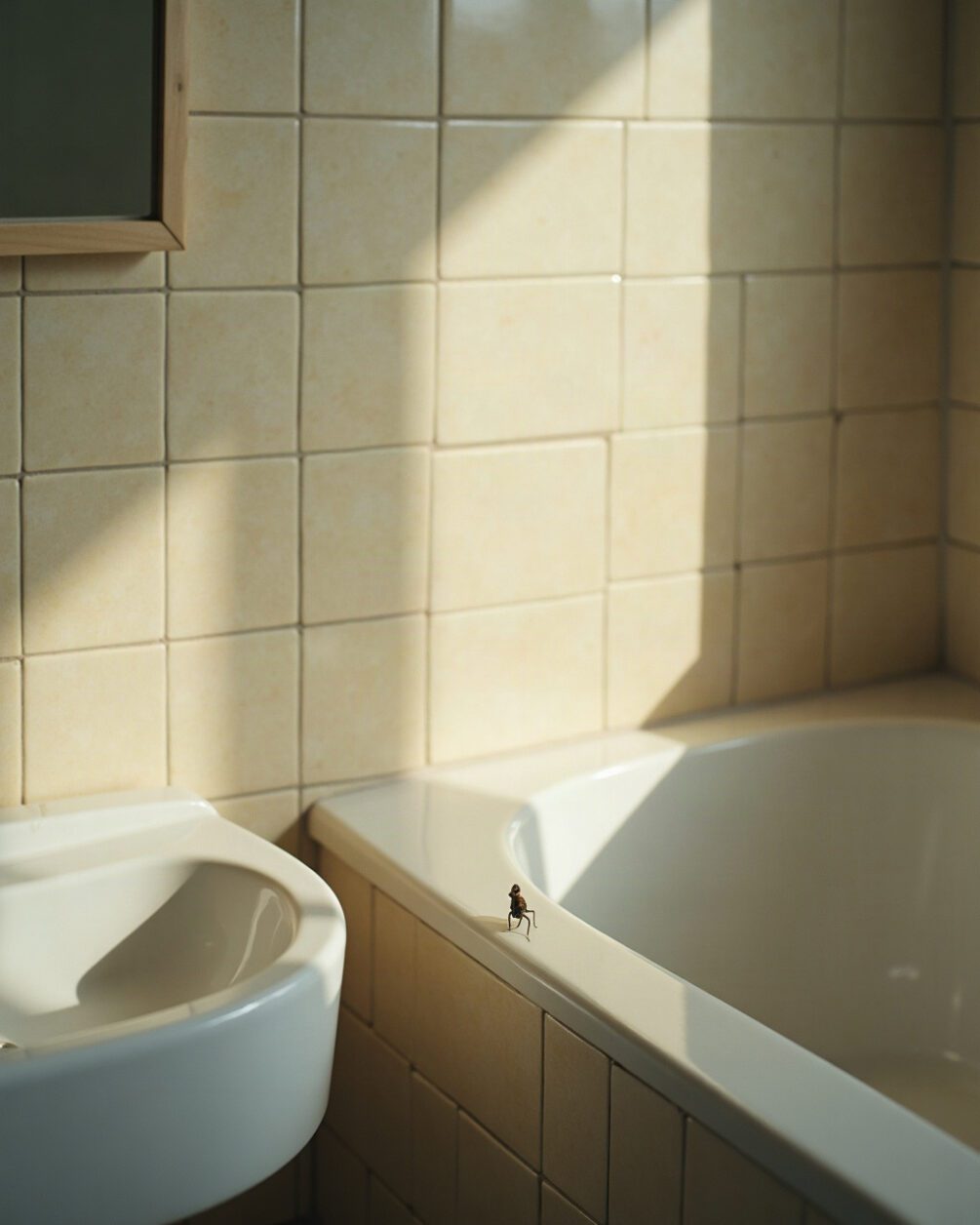 Bathroom tiled wall beside a basin in cool morning light, a small dark speck resting motionless on the tile