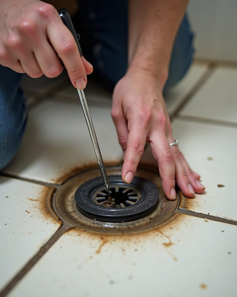 Hands lifting a shower drain cover with a screwdriver, dark damp residue visible at the rim, tiled floor