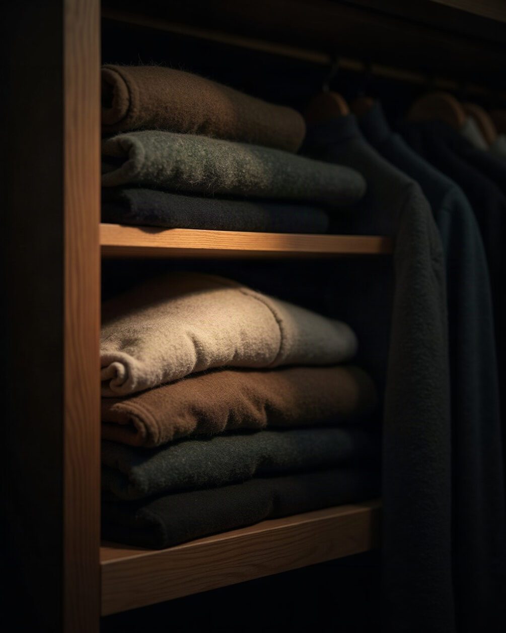 Wardrobe interior with folded wool garments on a shelf, torch beam across a fold