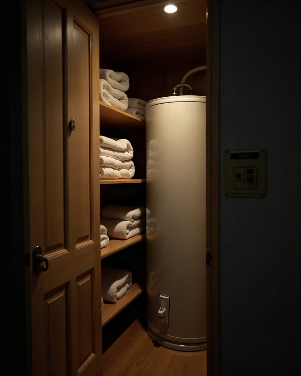 Airing cupboard interior with a hot water cylinder and folded towels on slatted shelves, warm dim light