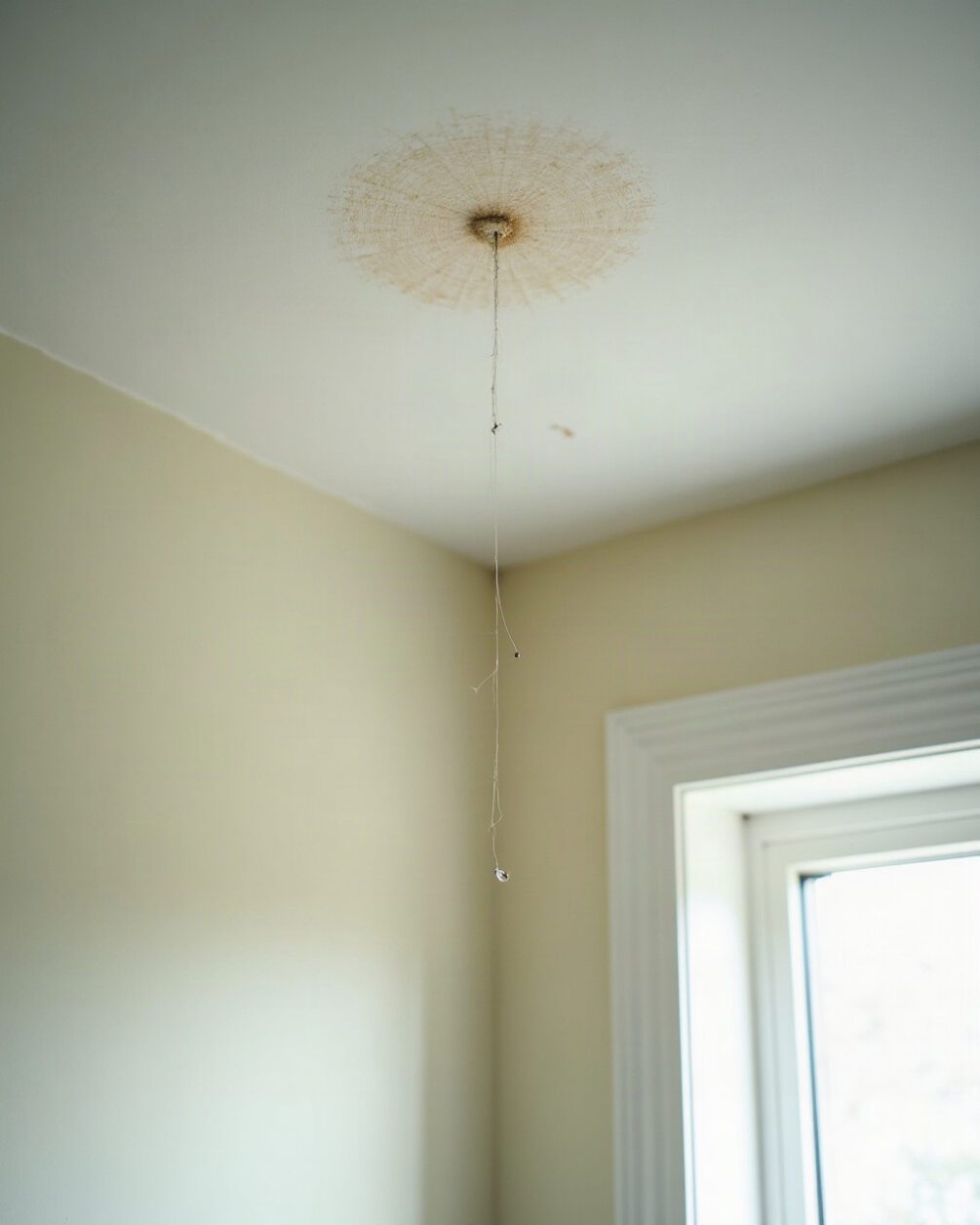 Corner of a white ceiling meeting a wall in daylight, a faint dusty cobweb strand in the angle