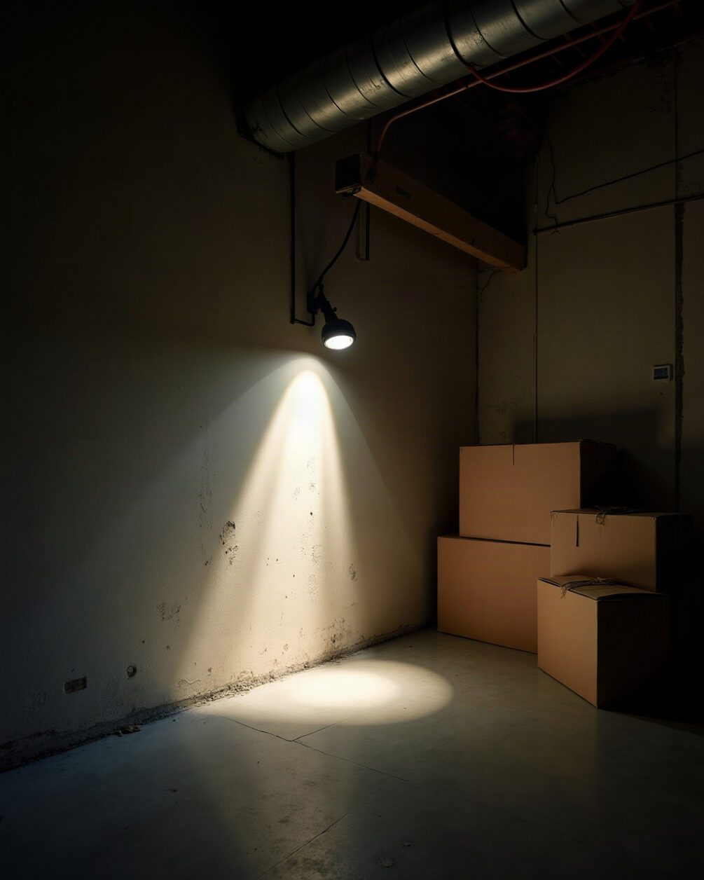 Basement concrete floor and wall junction with a torch beam raking across, cardboard boxes stacked to one side