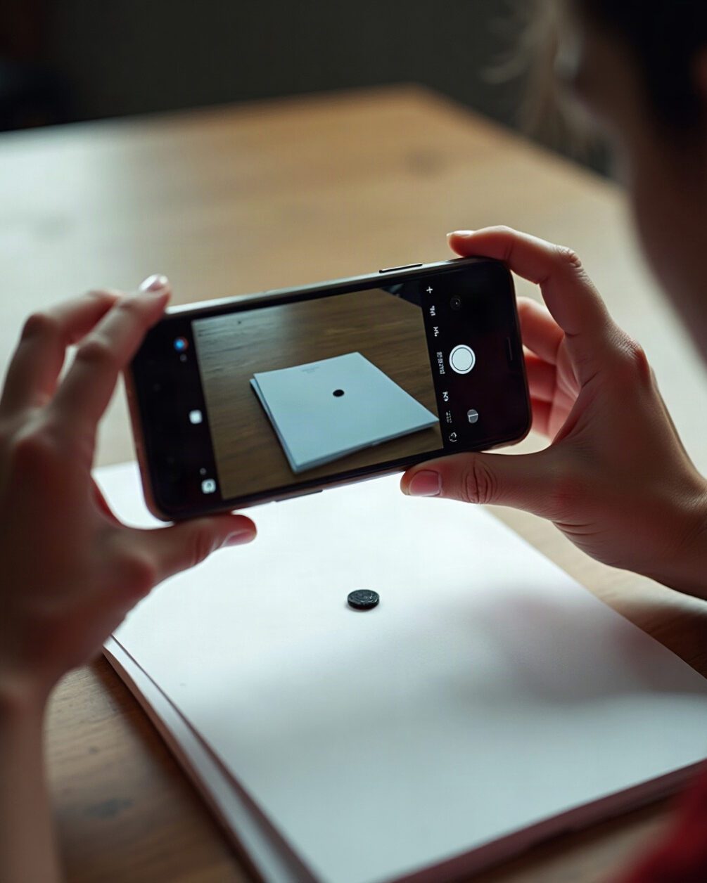 A phone held over a sheet of white paper on a table photographing a small dark speck, hands steady