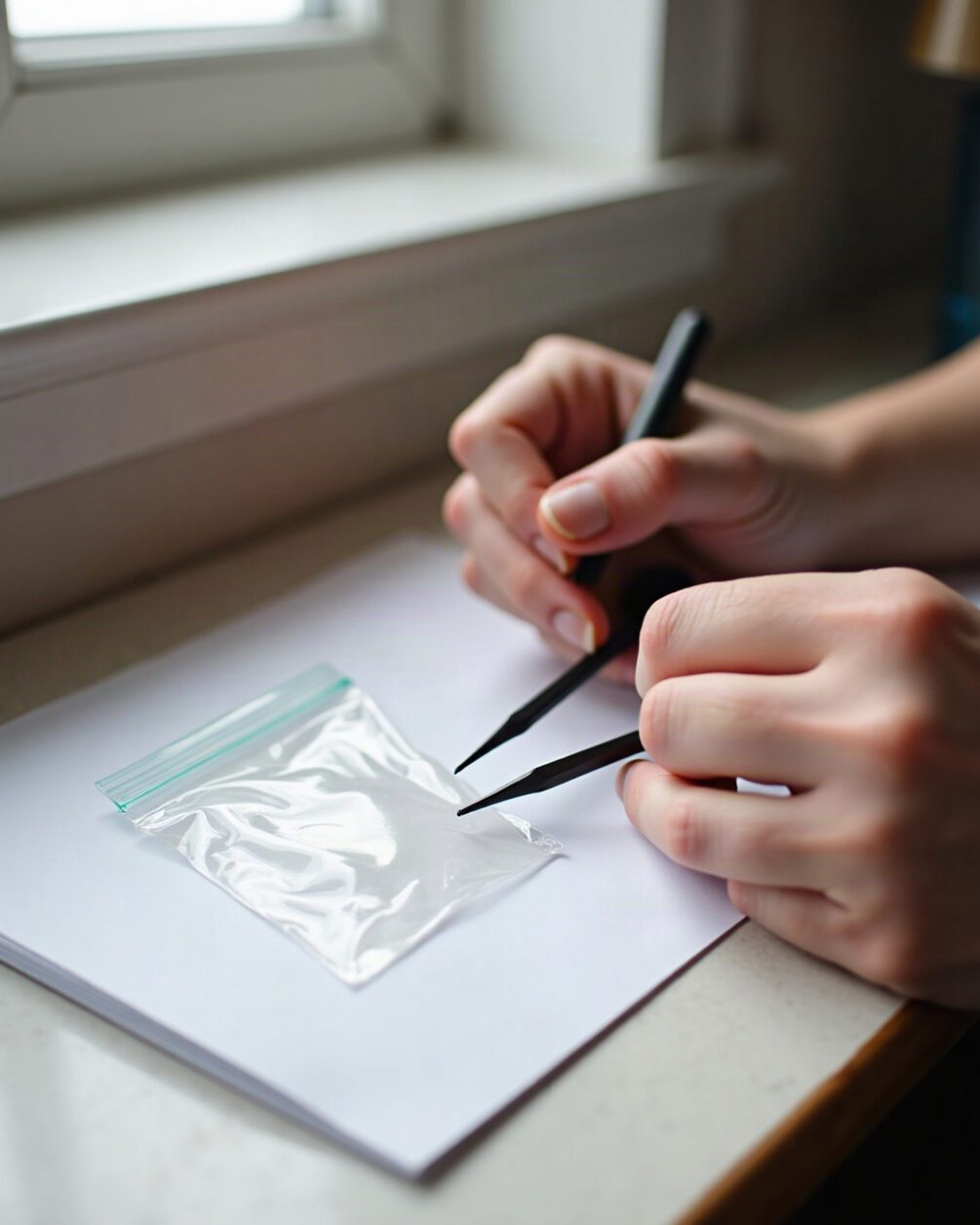 Hands holding fine-tipped tweezers and a small clear zip bag over a white sheet of paper on a table