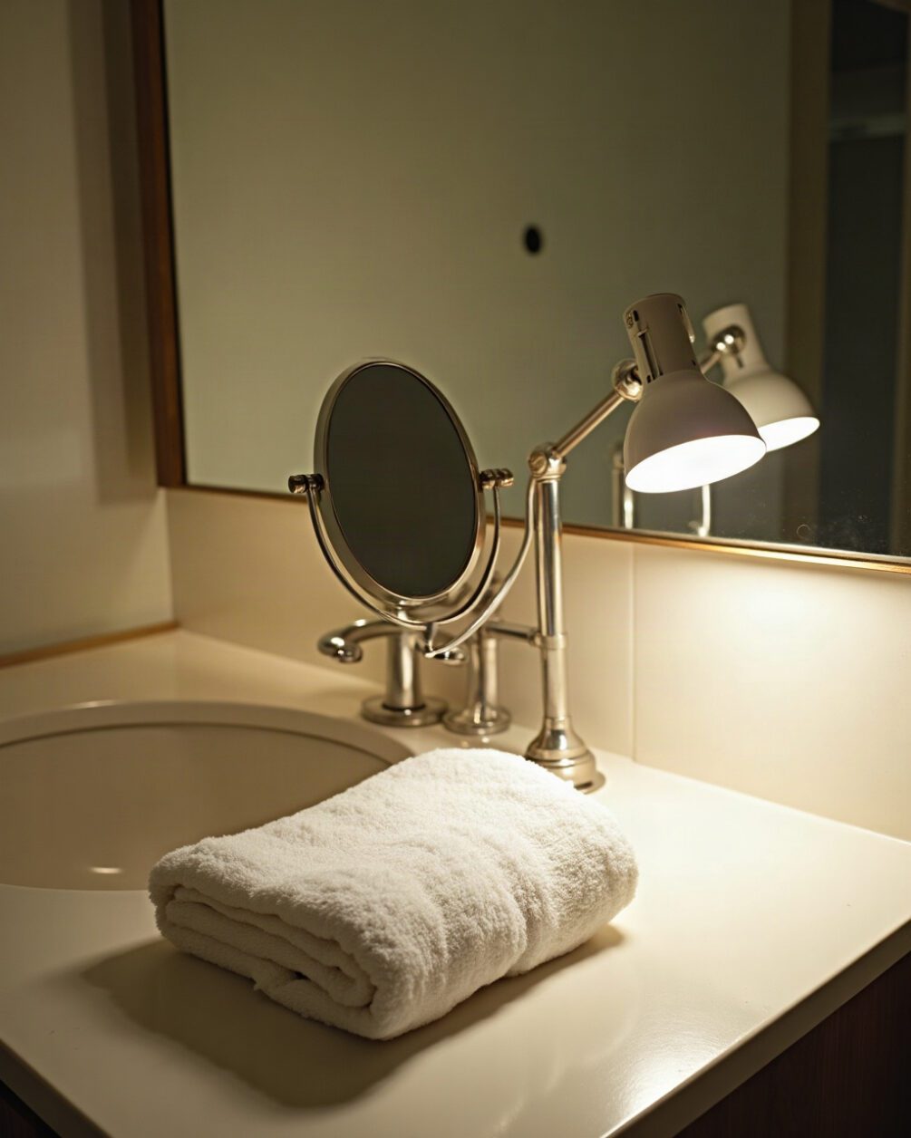 A hand mirror, a bright angled lamp and a folded white towel arranged on a bathroom counter, no people in frame