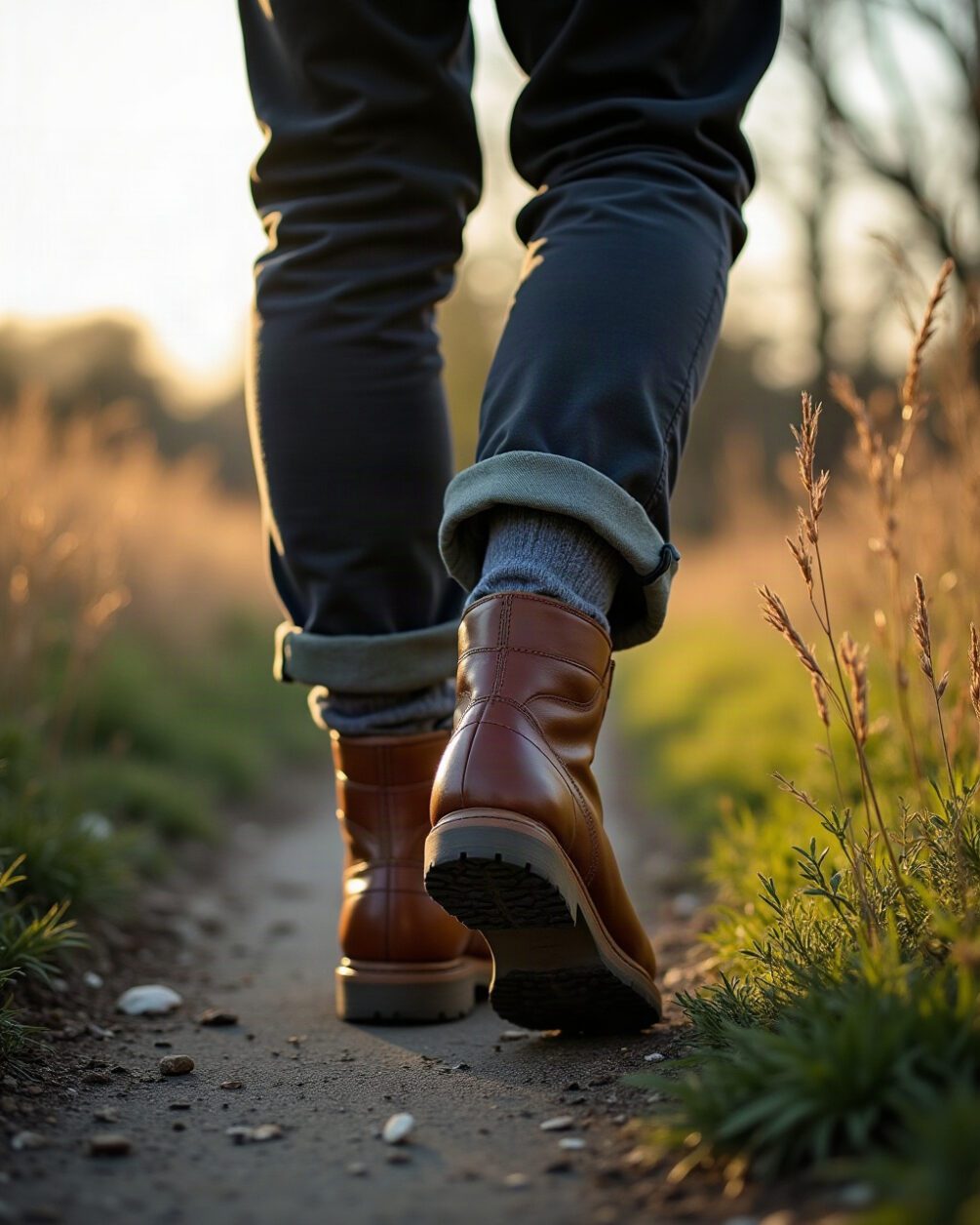 Walking boots and trouser cuffs tucked into socks on a path at the edge of long grass, late afternoon light