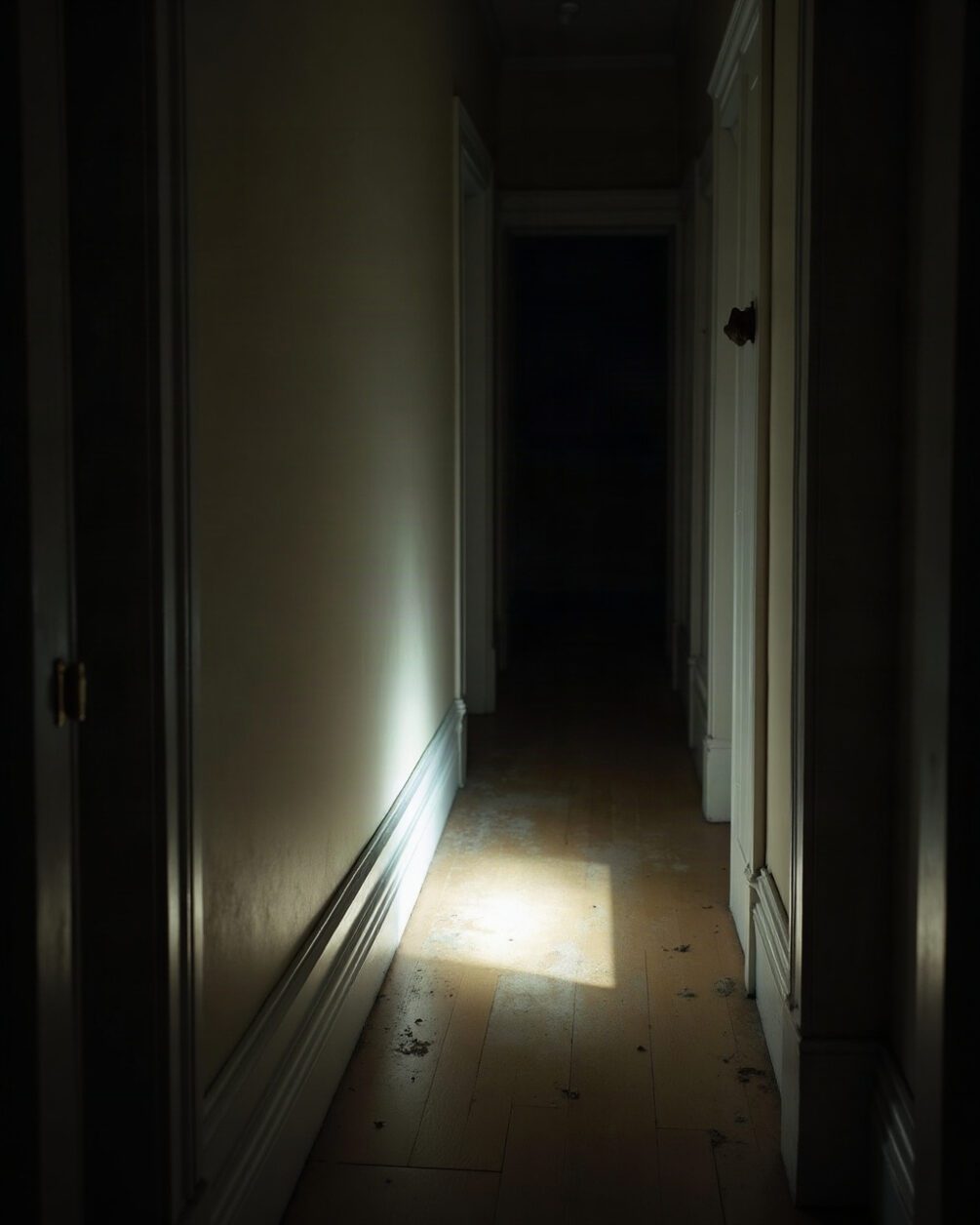 Hallway floor at night with a torch beam raking along the skirting board junction, dust visible in the beam