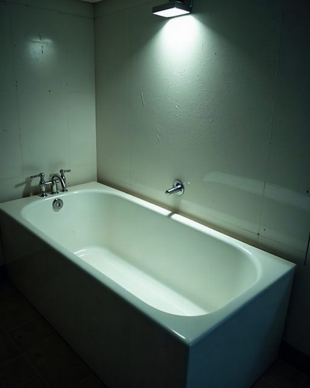 Bathroom at night, empty white bath seen from above with the overhead light on, smooth enamel sides, cool light