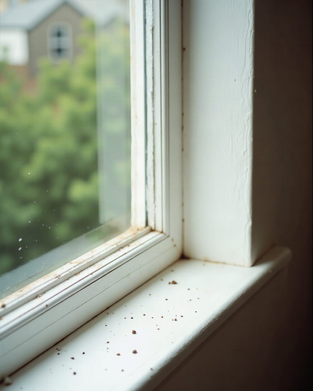 Pale painted windowsill in bright daylight with a scattering of small dark specks along the paint line
