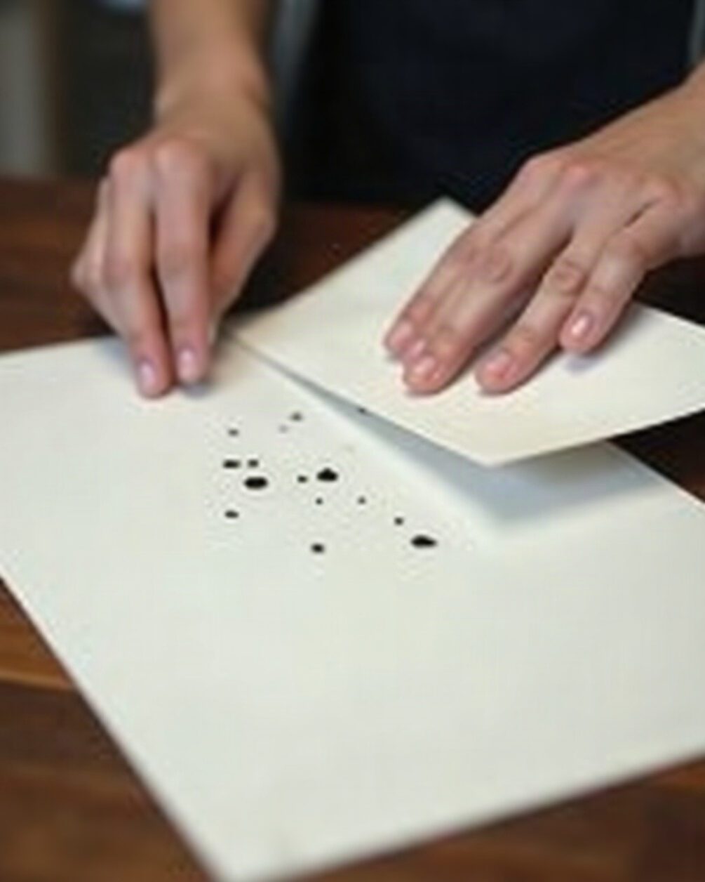 A sheet of white paper on a table with a few small dark specks tipped onto it from a folded envelope
