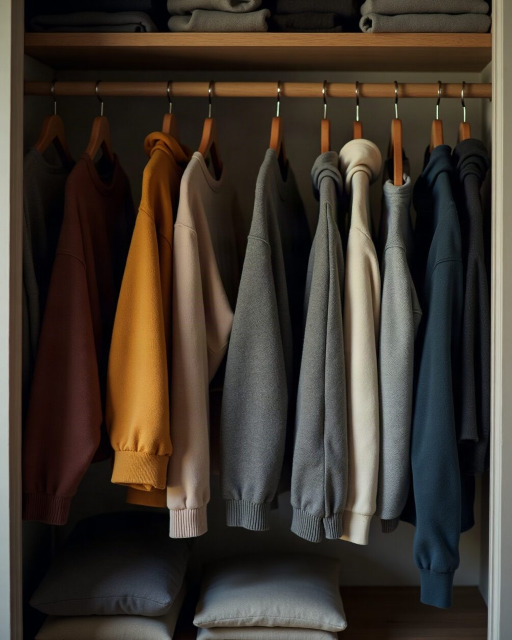Wardrobe interior with folded wool jumpers on a shelf, one pulled forward into daylight