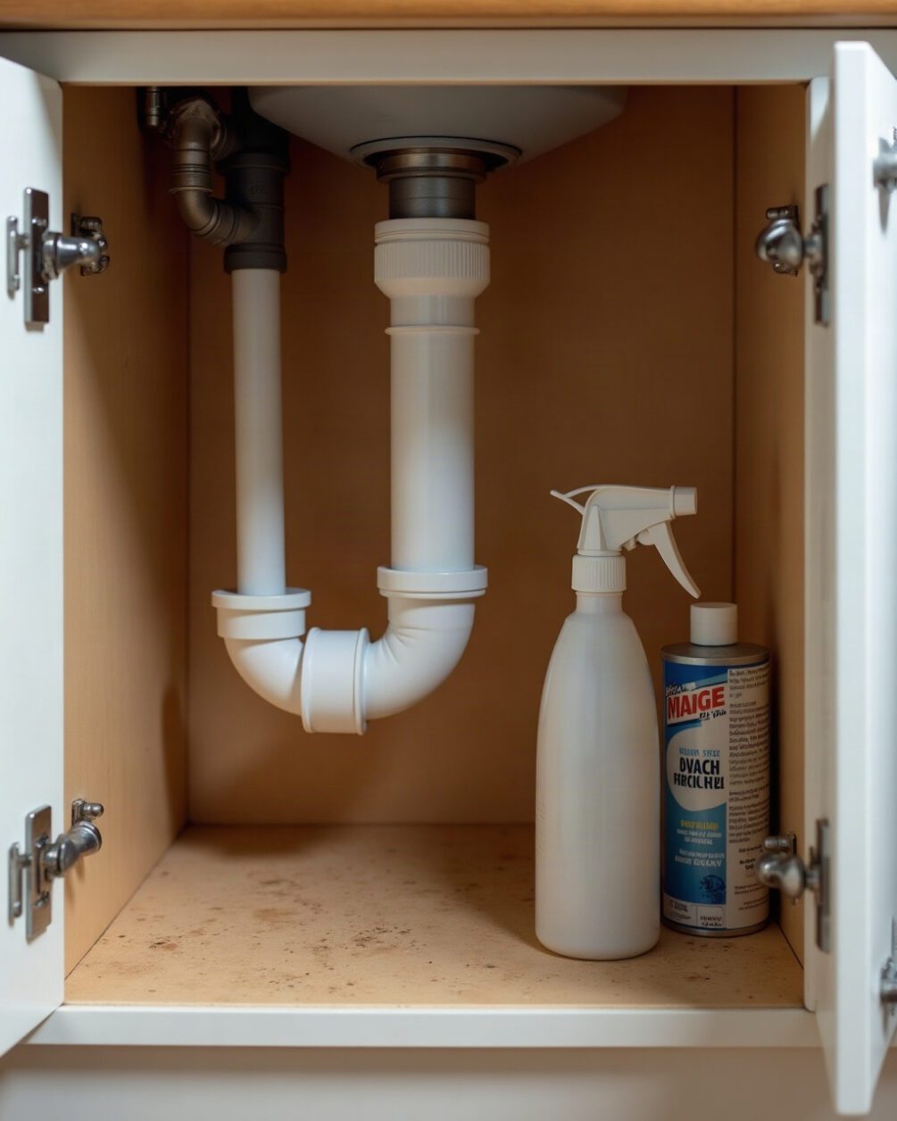 Under-sink cupboard opened in daylight showing a white plastic trap and pipe joint