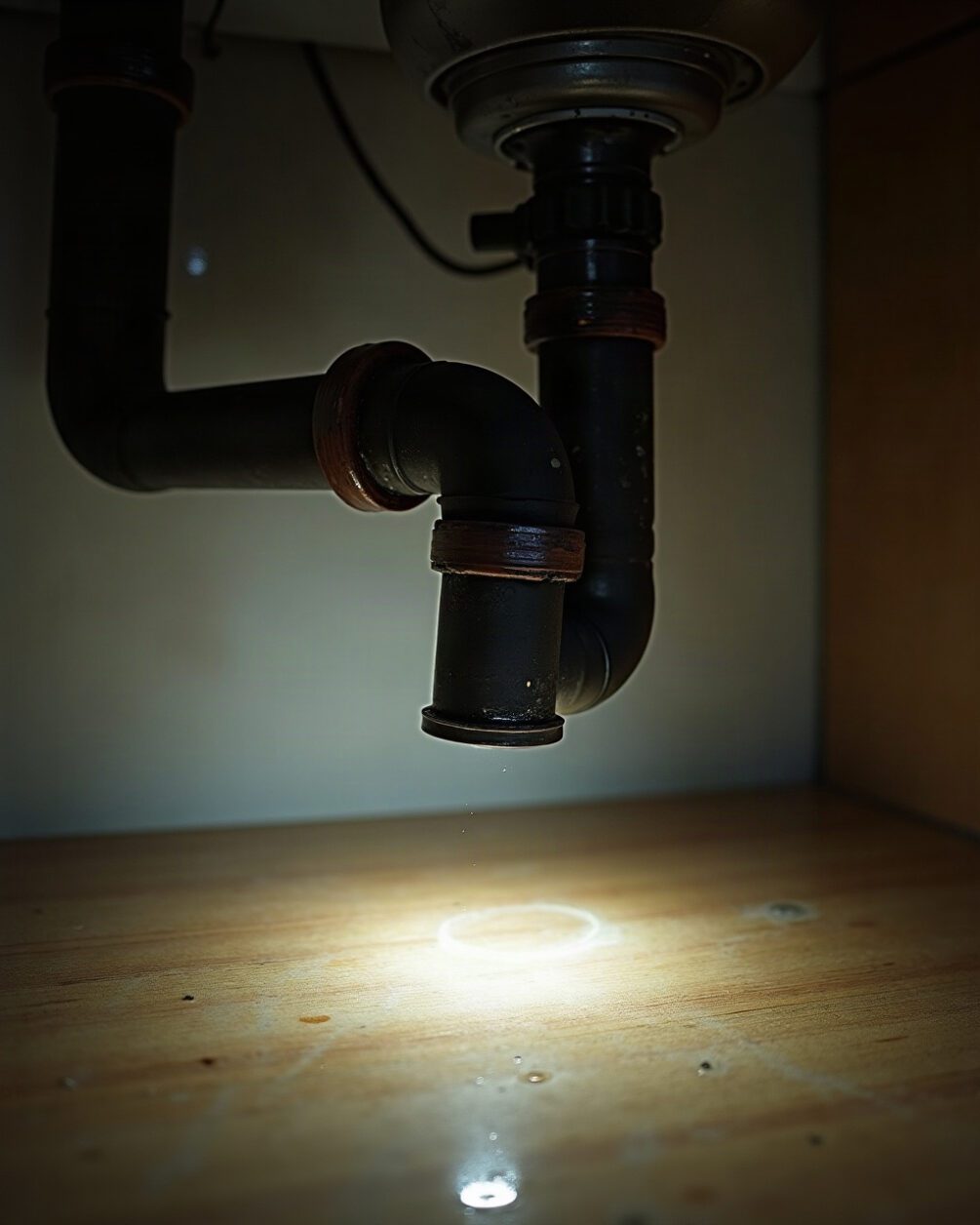 Close view of a pipe joint under a sink with a faint damp ring on the board below, torch light across the surface