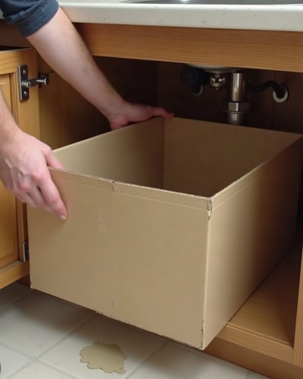 Hands lifting a plain unmarked cardboard box out of an under-sink cupboard onto a kitchen floor