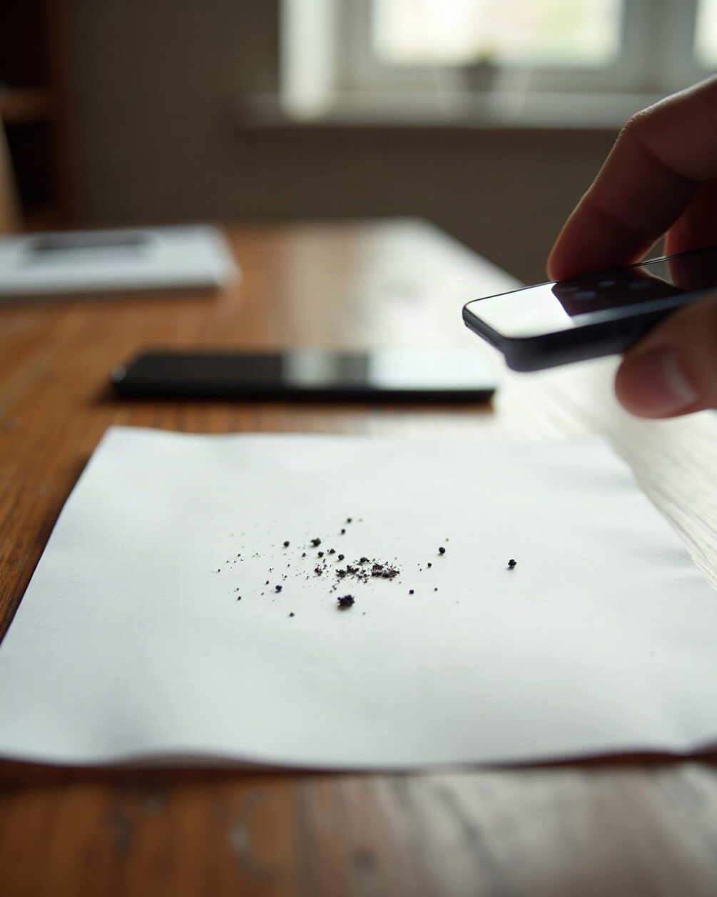 A sheet of white paper on a wooden table with a few small dark specks tipped onto it