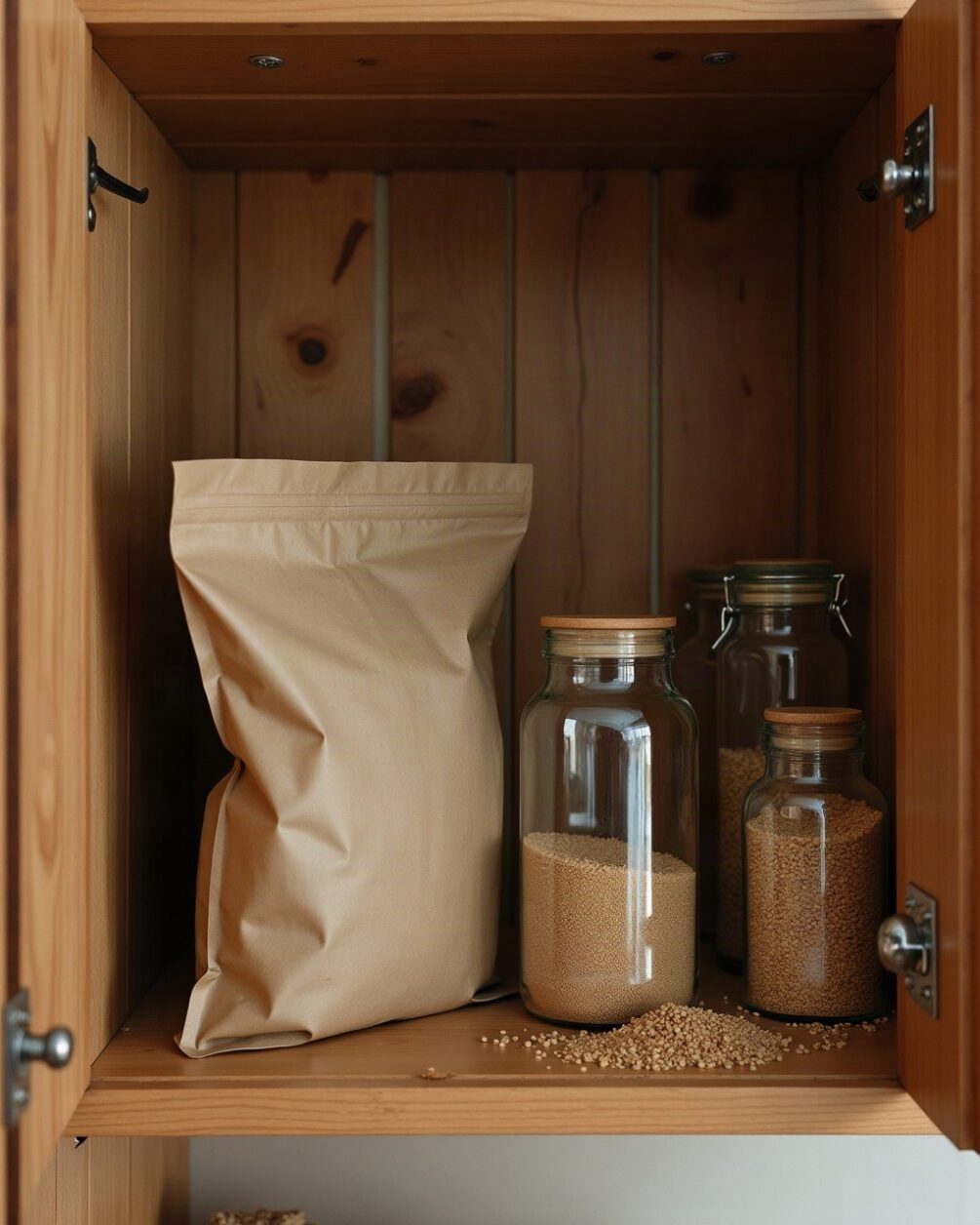Open kitchen cupboard with plain paper bags and glass jars of dry goods on a wooden shelf