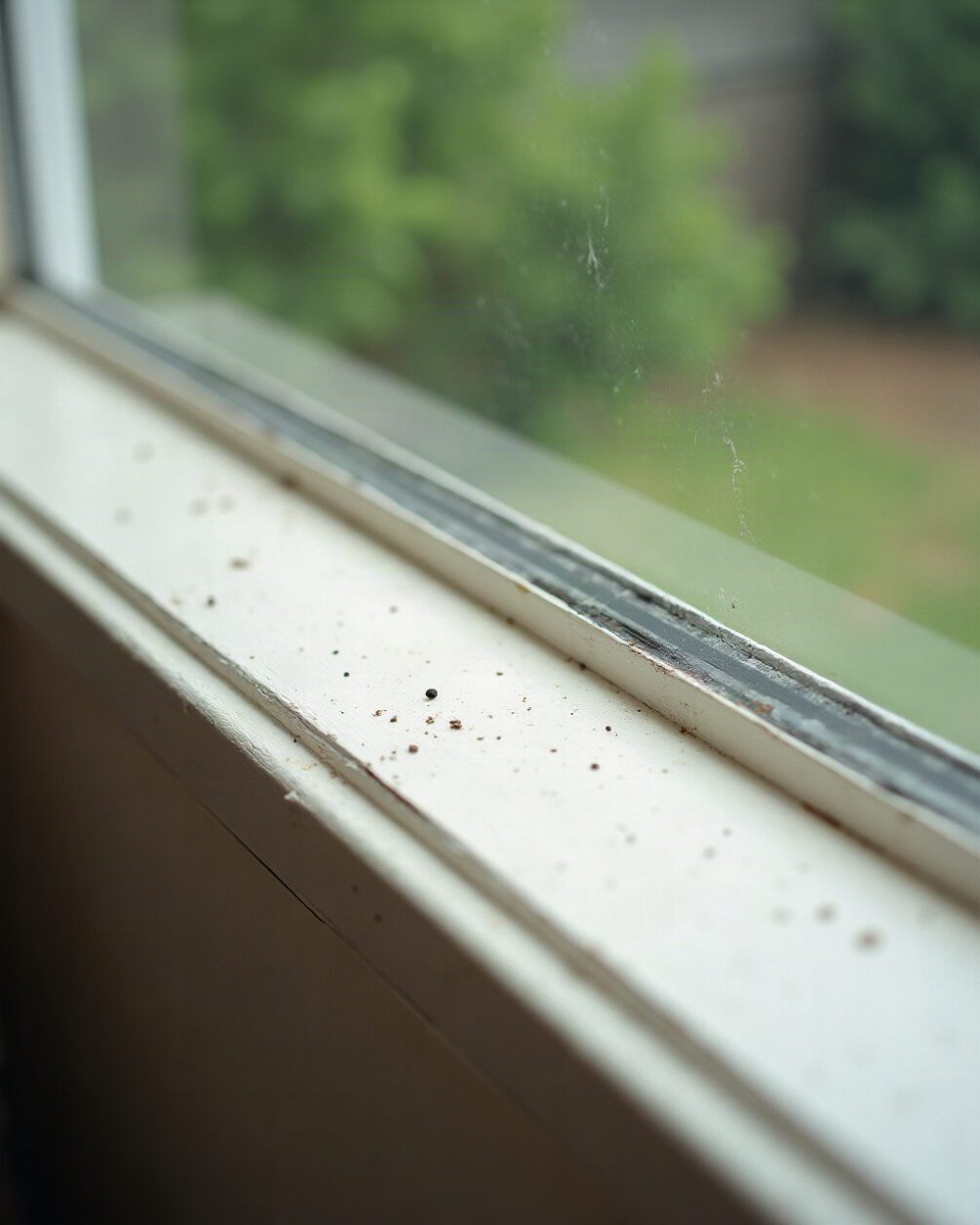 Pale painted windowsill in bright daylight with a scattering of small dark specks along the paint line
