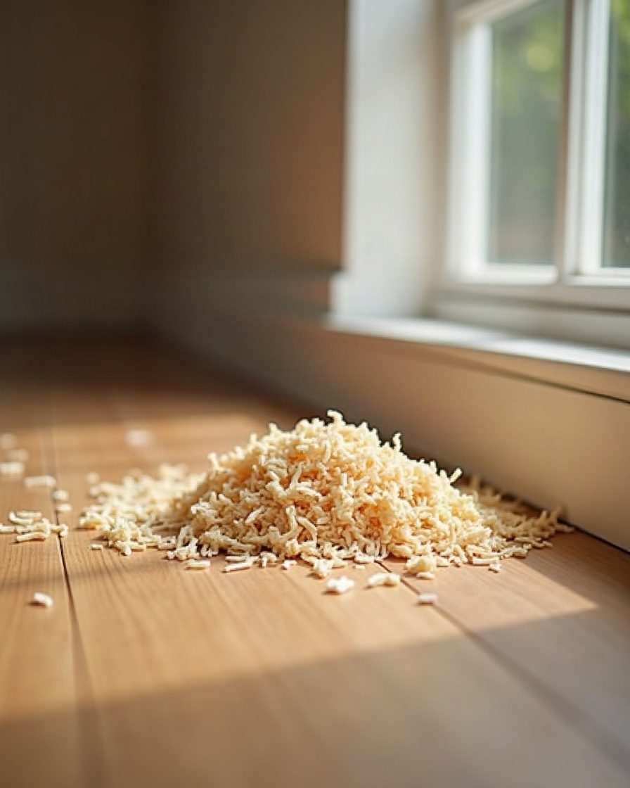 A small pile of pale coarse wood shavings on a wooden floor beside a skirting board, raking daylight
