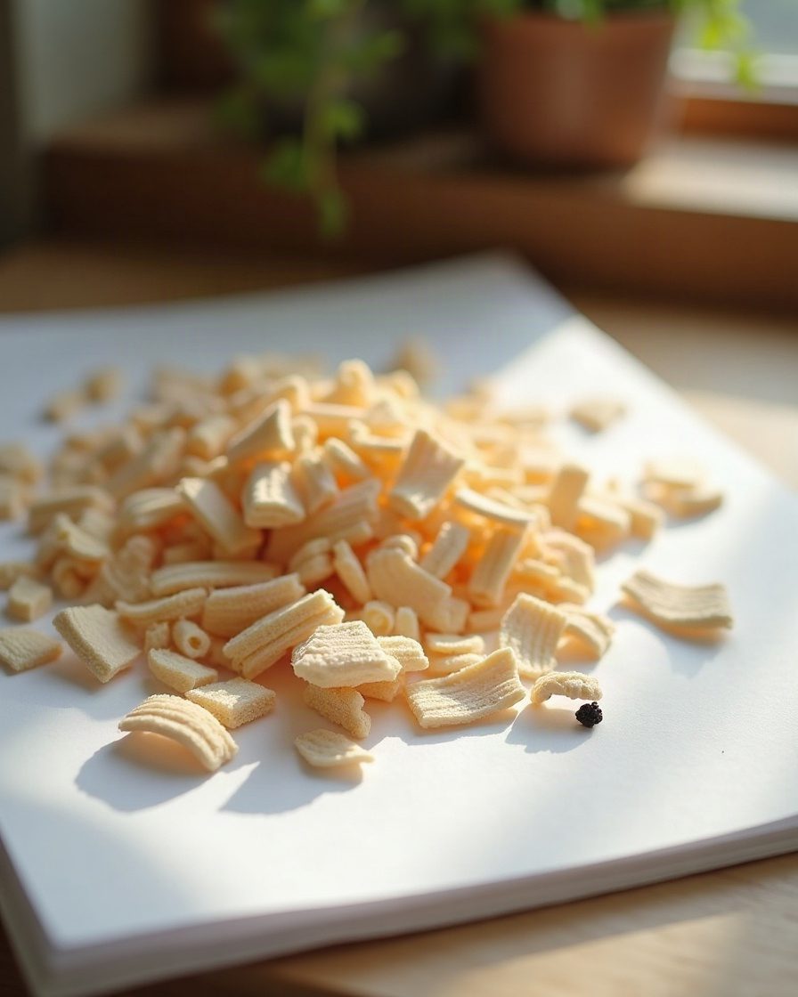 Close macro of pale wood shavings spread on white paper with a few small dark fragments among them